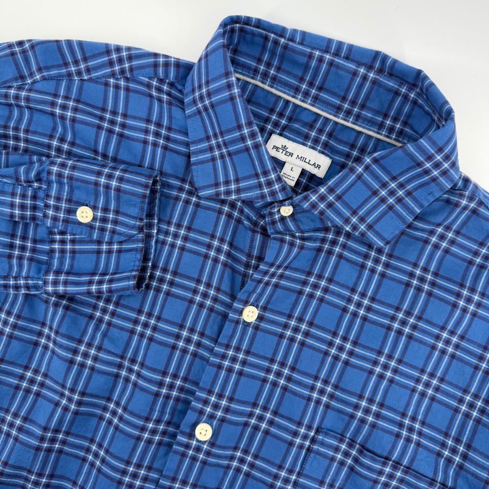 Peter Millar Mens Blue Plaid Cotton Long Sleeve Button Up Shirt Large